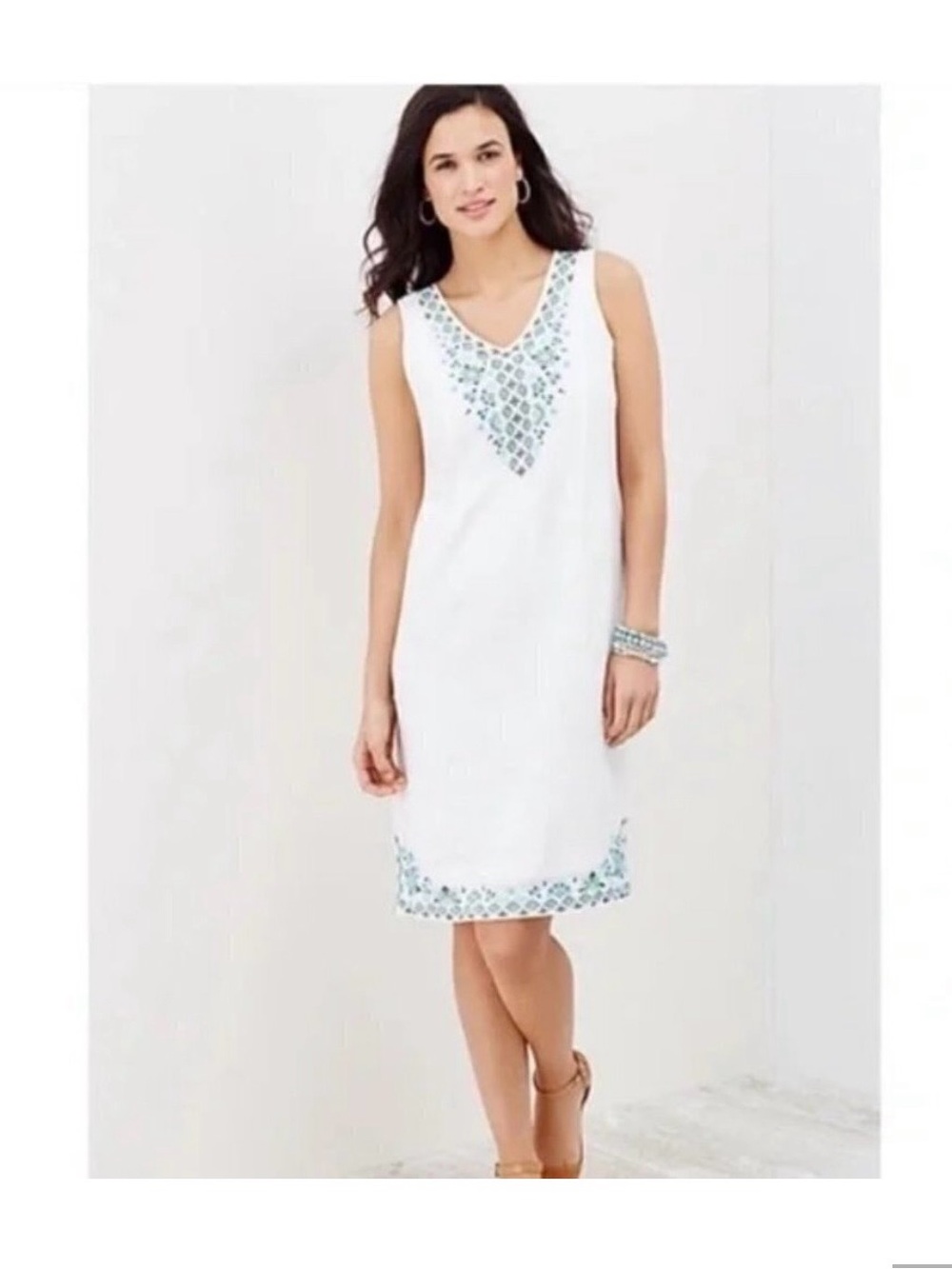 J. Jill love linen White Sleeveless V-Neck Dress with turquoise Embroidery S